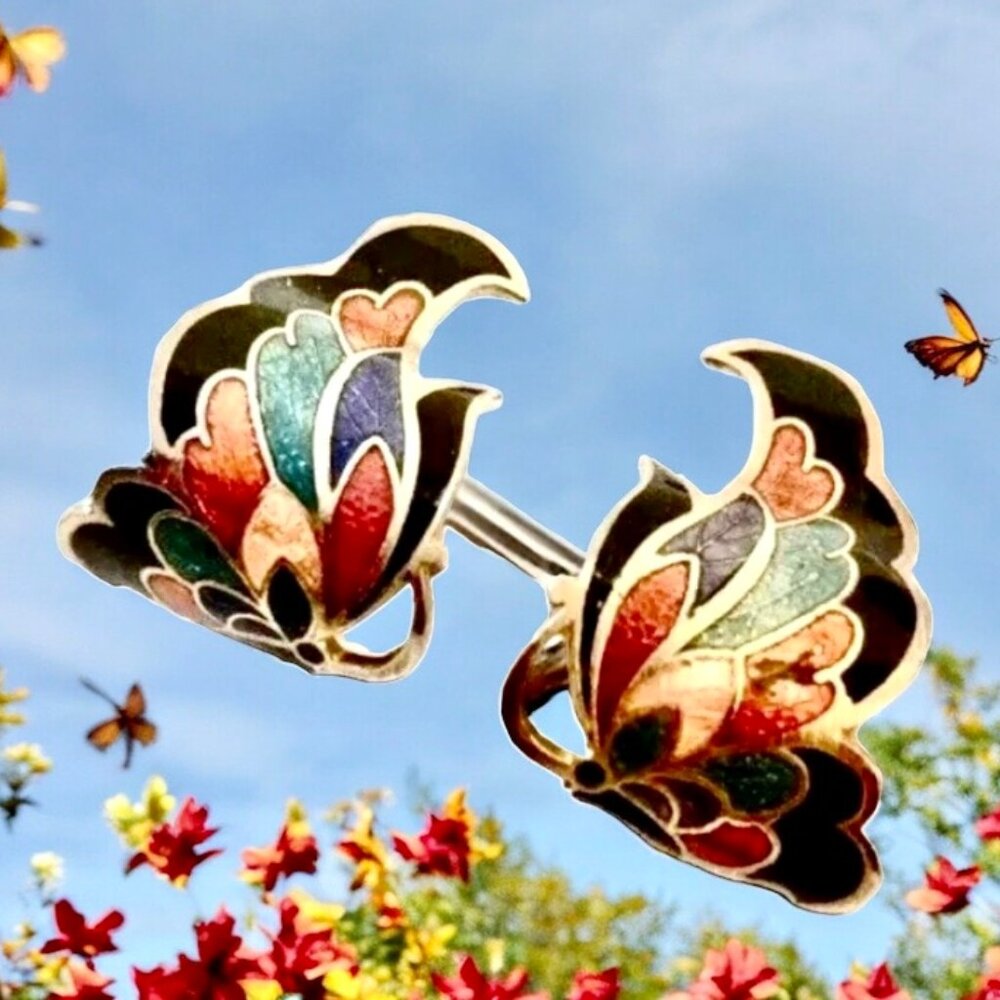 Vintage Butterfly Multi-Color Enameled Floral Earrings Clip On Curved Huggie